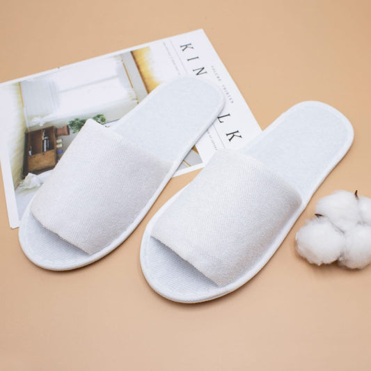 Disposable Open-toe Toweling Slippers - White/Grey