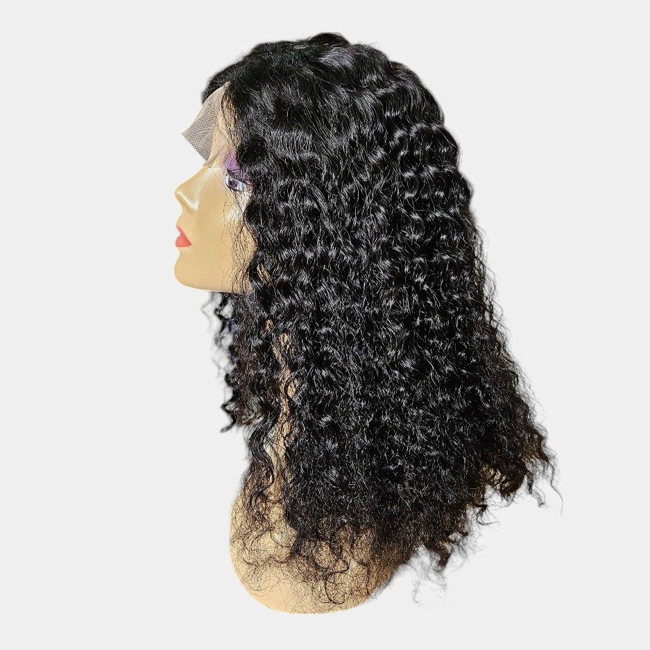 16” Water Wave Natural Black Frontal Lace Wig – 100% Human Hair | 4x4 Closure
