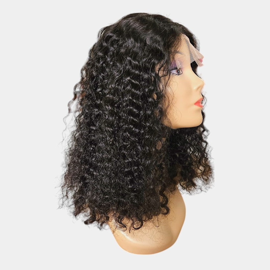 16” Water Wave Natural Black Frontal Lace Wig – 100% Human Hair | 4x4 Closure