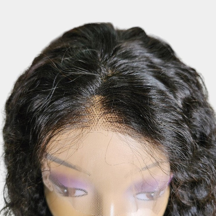 16” Water Wave Natural Black Frontal Lace Wig – 100% Human Hair | 4x4 Closure