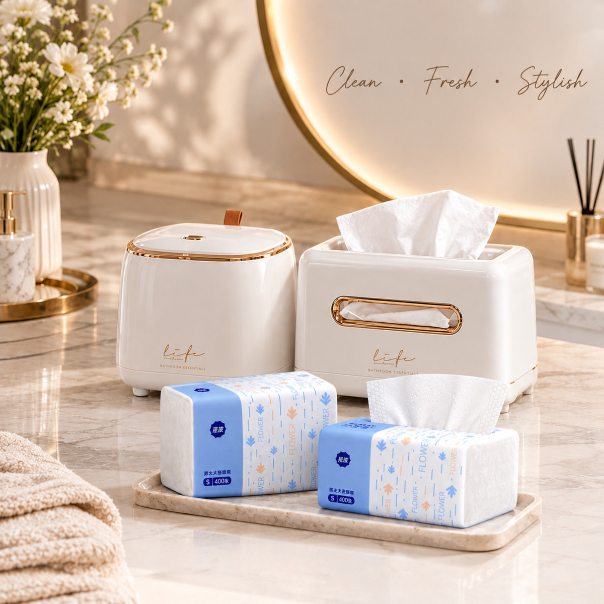 Modern Vanity Mini Bin, Tissue Box & Tissues Refills Bundle (Set of 4)