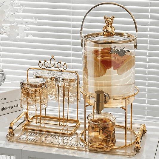 Deluxe Amber Gold Teddy Beverage Dispenser Serving Set