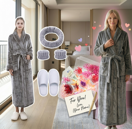 Luxury Grey Fleece Pamper Set - Gown, Slippers, Skincare Head & Wristband Set [FREE Mini Flowers + Handwritten Card]