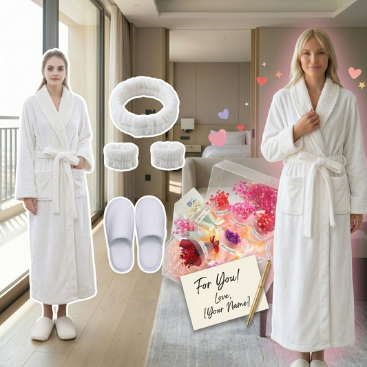 Luxury White Fleece Pamper Set - Gown, Slippers, Skincare Head & Wristband Set [FREE Mini Flowers + Handwritten Card]