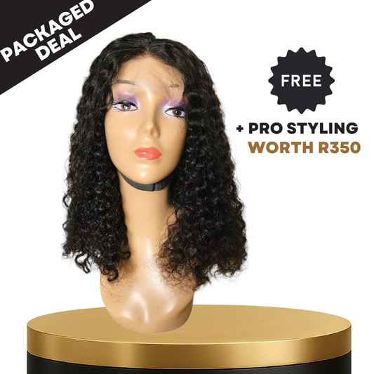 16” Water Wave Natural Black Frontal Lace Wig – 100% Human Hair | 4x4 Closure