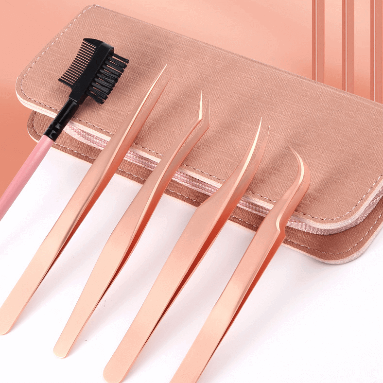 Rose Gold Professional Eyelash Extensions Tweezer Set with Pouch