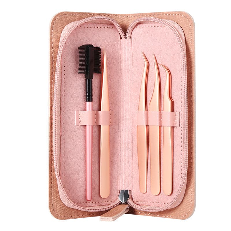 Rose Gold Professional Eyelash Extensions Tweezer Set with Pouch