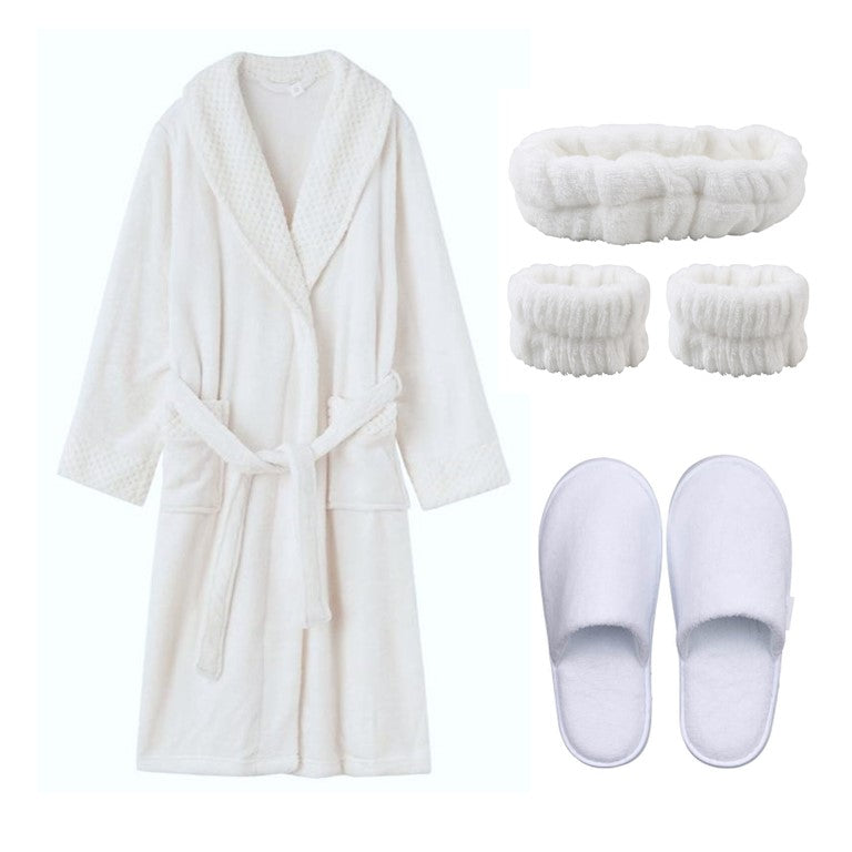 Luxury White Fleece Pamper Set - Gown, Slippers, Skincare Head & Wristband Set
