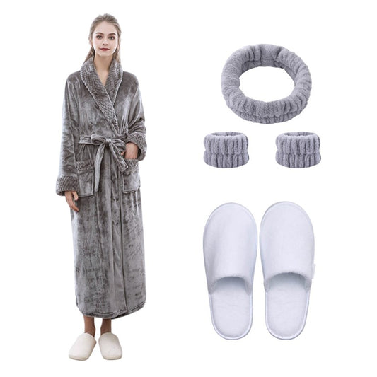 Luxury Grey Fleece Pamper Set - Gown, Slippers, Skincare Head & Wristband Set